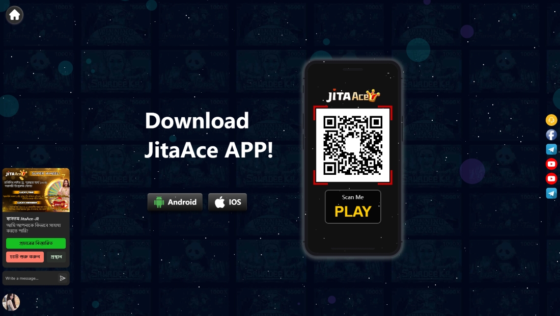 QR code screen for downloading JitaAce app with Android and iOS buttons and chat widget visible