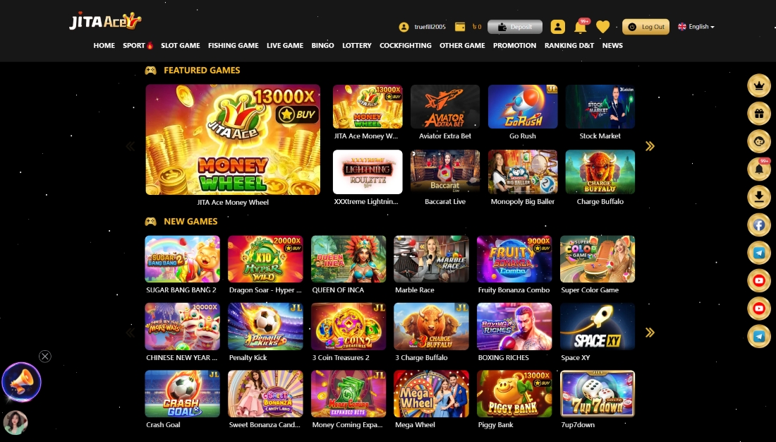 Featured and new games at JitaAce including Money Wheel, Aviator Extra Bet, Fruity Bonanza Combo, and more