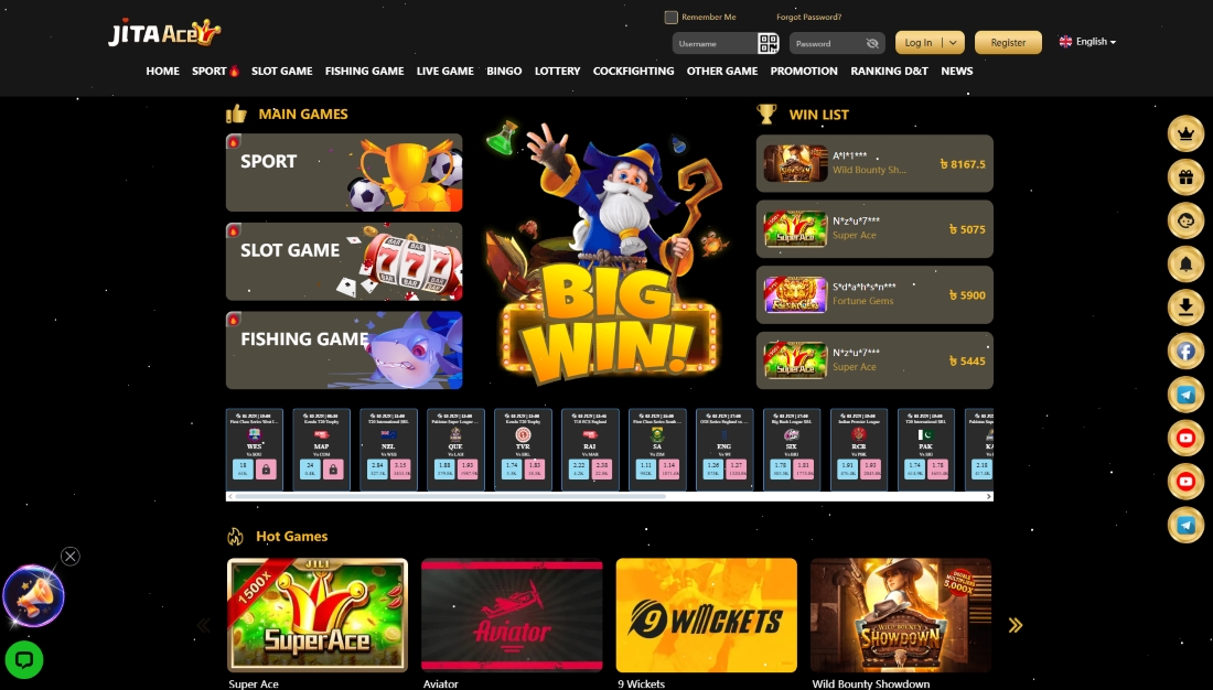 Homepage featuring wizard mascot with Big Win banner and main menu for sports, slots, and fishing games