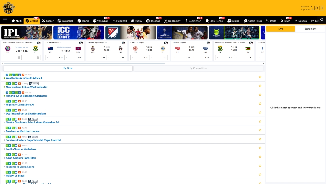 Lucky Sports interface showing cricket match odds, in-play events, and upcoming betting options