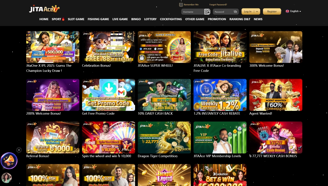 Promotional grid showing welcome bonuses, referral program, weekly rewards, cashback, and VIP campaigns