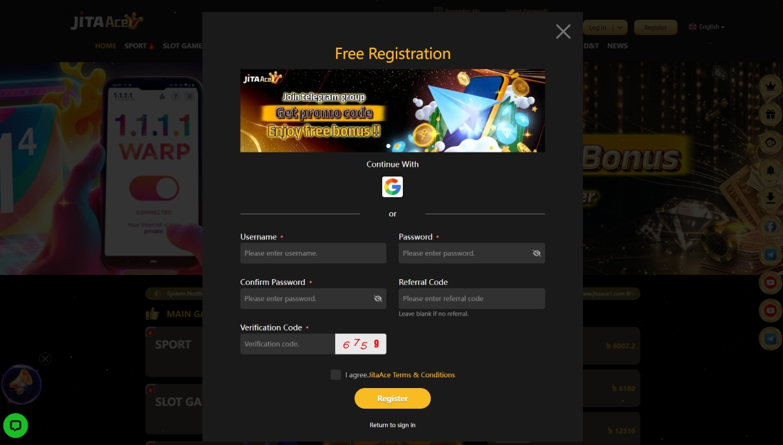 Popup registration form with promo banner, Google login option, and input fields for signup