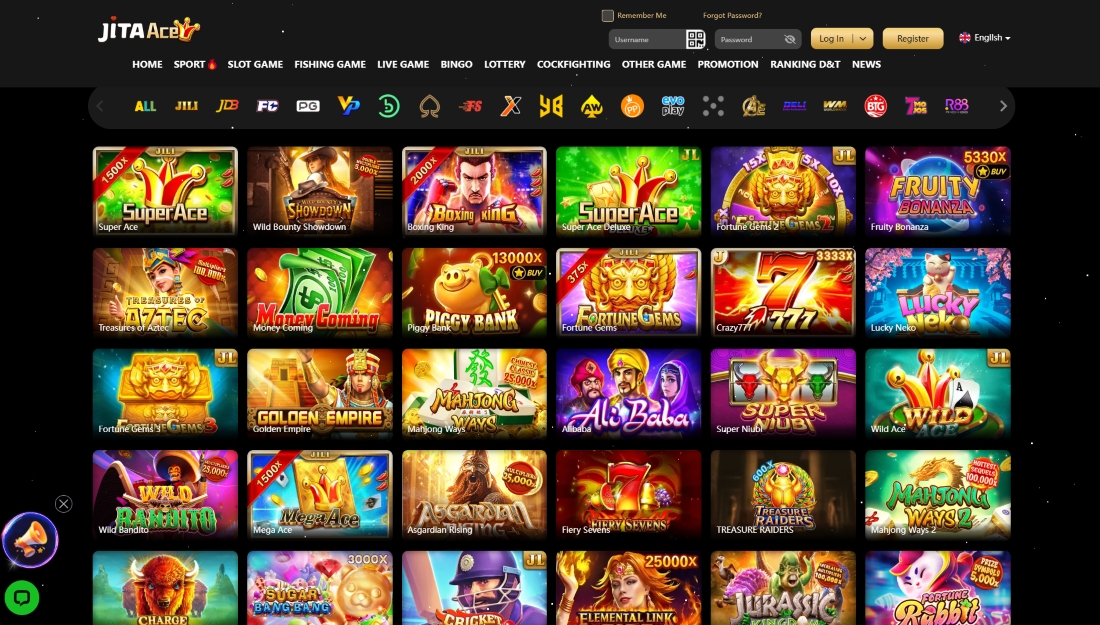 JitaAce slot section with various themed games including Super Ace, Mega Ace, Fiery Sevens, and more