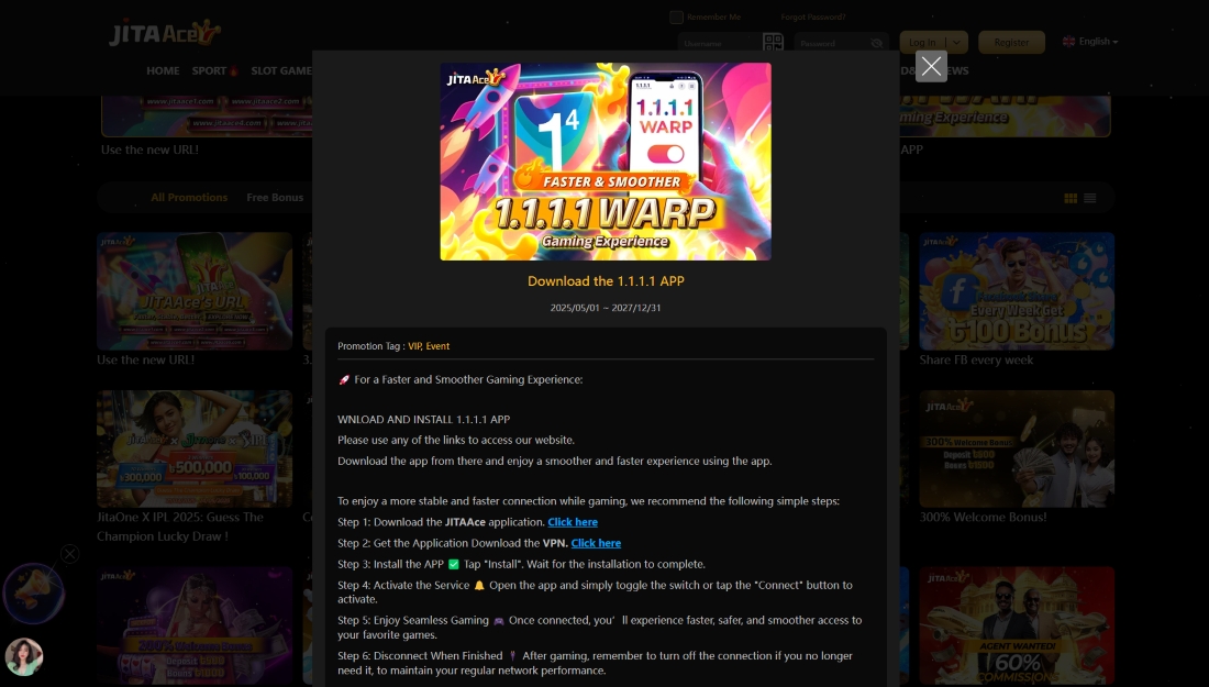 Instruction page for downloading and using the 1.1.1.1 WARP VPN app with steps for JitaAce users